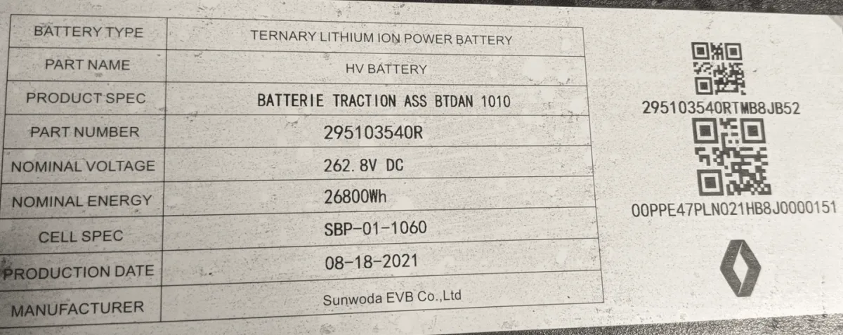 Dacia Spring 2021-2024 27.4 kWh total (26.8 kWh usable), 72s NMC battery pack